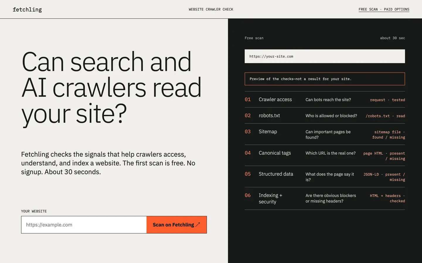 Fetchling homepage: a crawler-readability check with a free-scan field beside a dark panel listing the six signals it inspects.