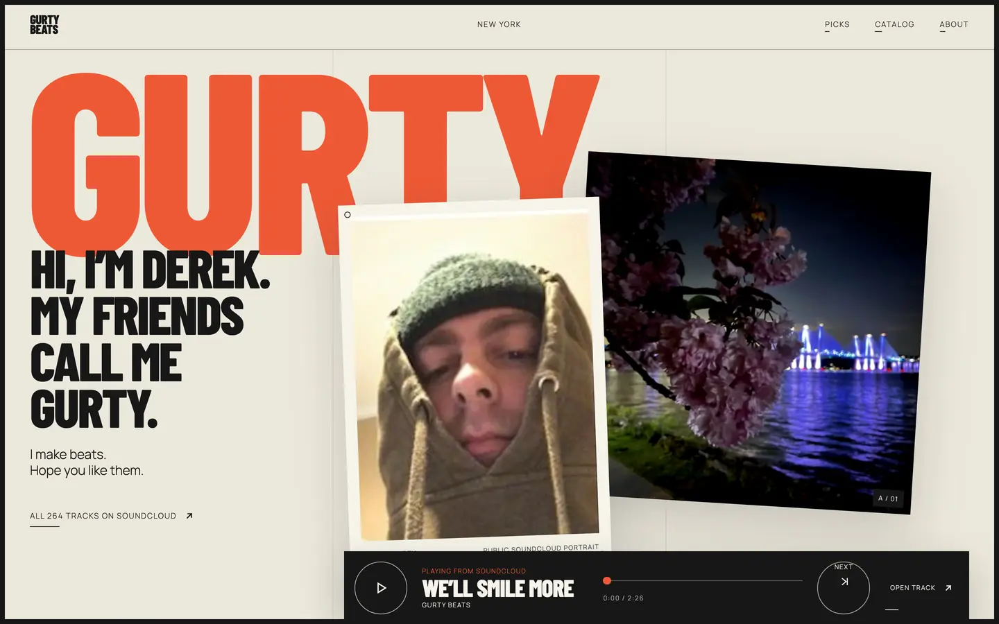Gurty Beats homepage: the name set very large in orange over two tilted photographs, with a track player anchored across the lower edge.