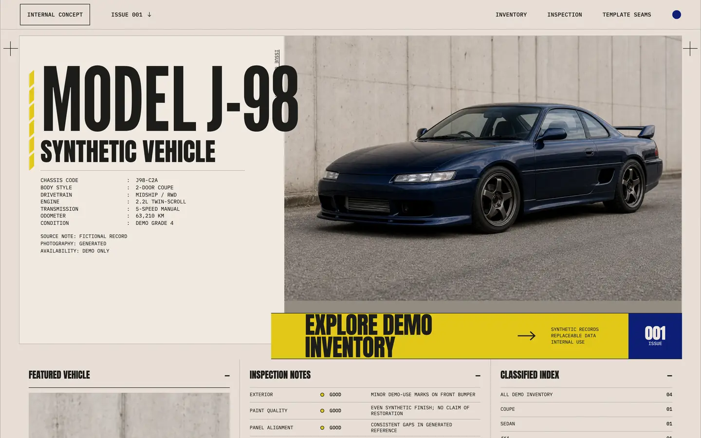 Japanese Classics homepage: an editorial vehicle record sheet with a large model title beside a photograph of a dark blue coupe.
