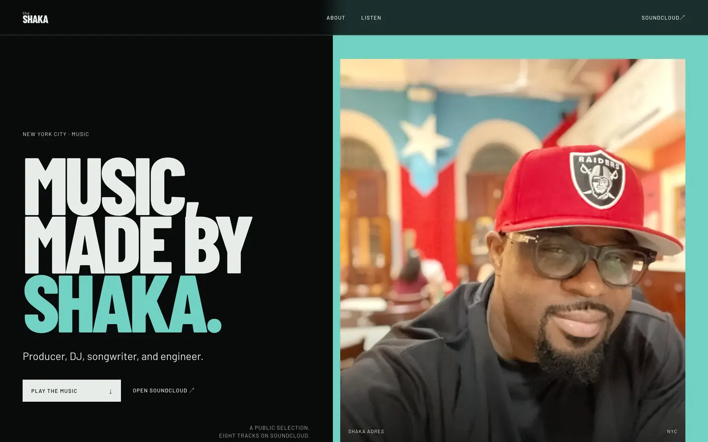 Shaka homepage: the words music made by Shaka set large on black beside a portrait of the producer.
